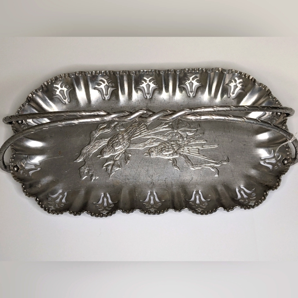 Farber & Shelving Vintage 40s Silver Aluminum Tray Basket with Handles Birds